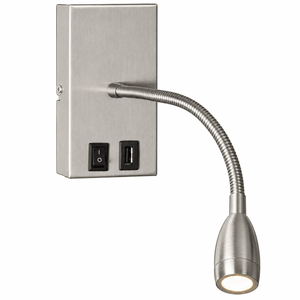 Satin chrome wall-mounted reading light with flexible gooseneck, switch and USB port
