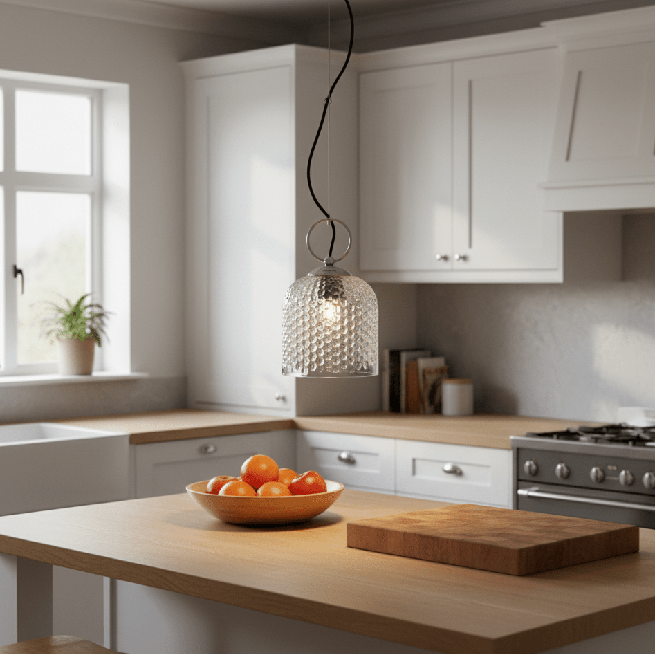 Clear glass pendant light hanging above a kitchen island with a bowl of oranges.