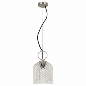 Clear glass pendant light with satin nickel details, featuring a textured cylindrical shade and hanging cord.