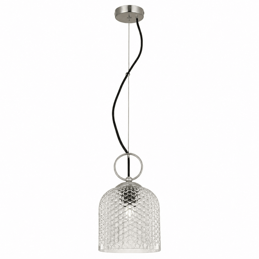 Clear glass pendant light with satin nickel details, featuring a textured cylindrical shade and hanging cord.