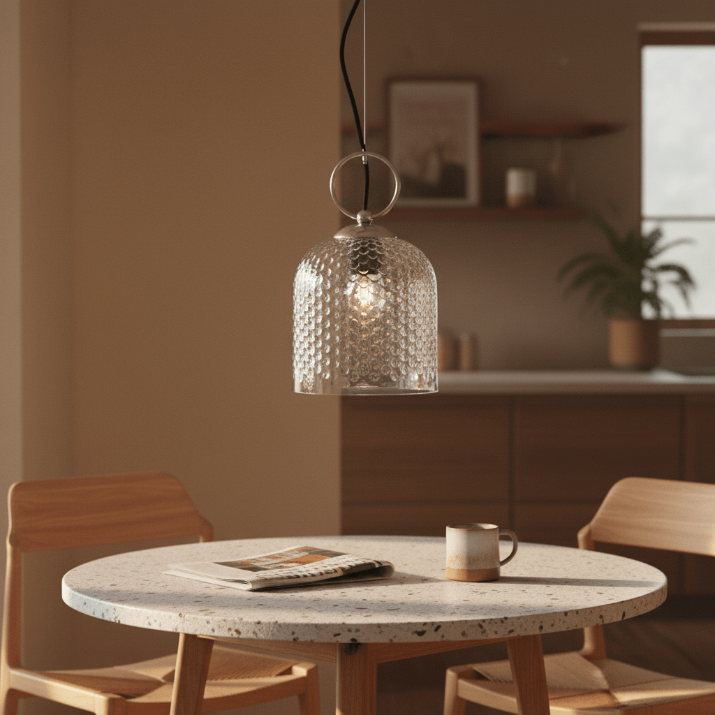 Clear glass pendant light hanging above a round table with a coffee cup and magazine.