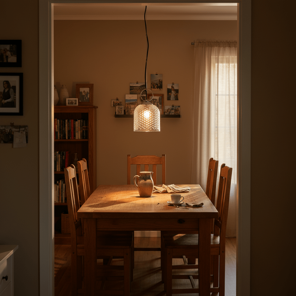 A clear glass pendant light hangs above a wooden dining table set for a meal, with warm lighting.