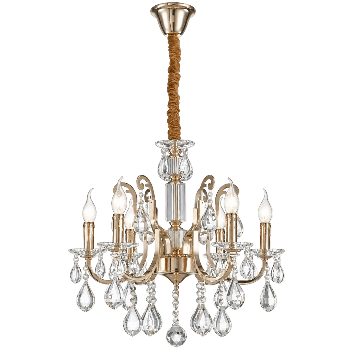 6 Light Iron, Glass & Crystal Chandelier