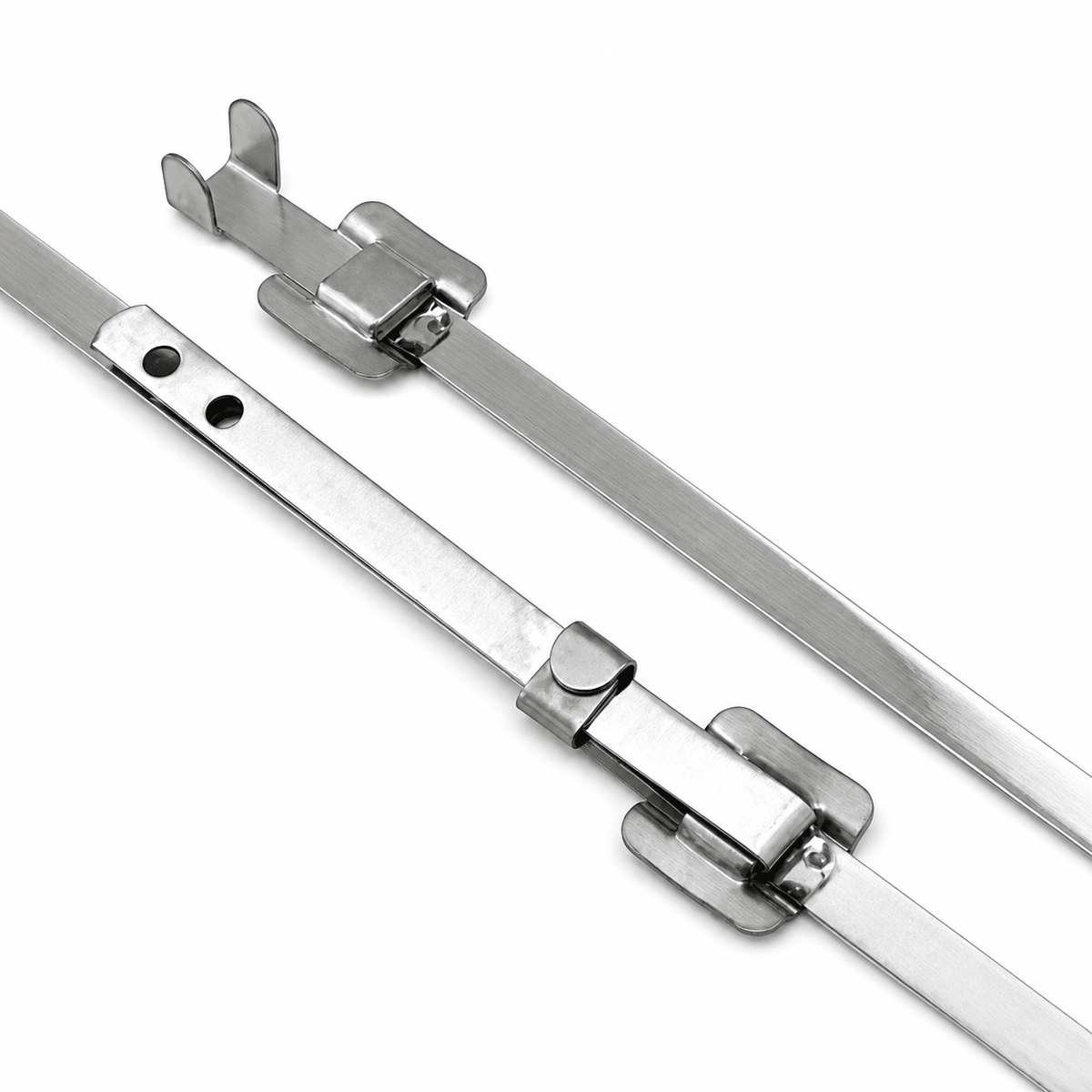 Releasable fold-locking stainless steel cable ties, showcasing the locking mechanism and smooth finish.