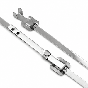 Releasable fold-locking stainless steel cable ties, showcasing the locking mechanism and smooth finish.
