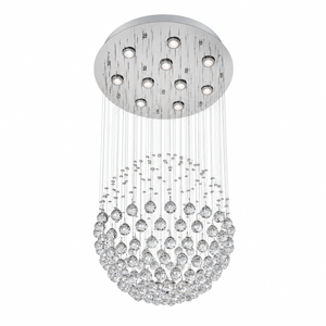 Chrome and crystal drop chandelier with circular ceiling plate and hanging crystal droplets