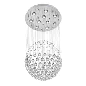 Chrome circular ceiling chandelier with multiple GU10 lights and cascading crystal droplets.