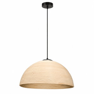 Small handwoven natural rattan pendant light with a textured dome shape and black ceiling mount.