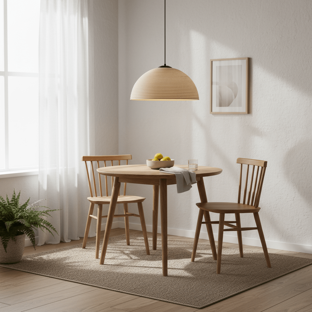 Small natural rattan pendant light hanging above a wooden dining table with two chairs and a bowl of lemons.