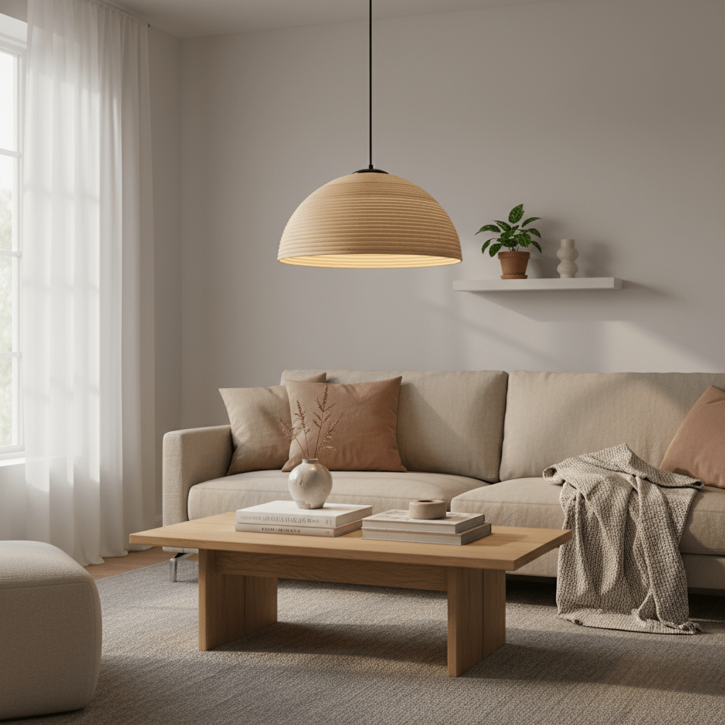 Small natural rattan pendant light hanging above a cozy living room with a beige sofa and wooden coffee table.
