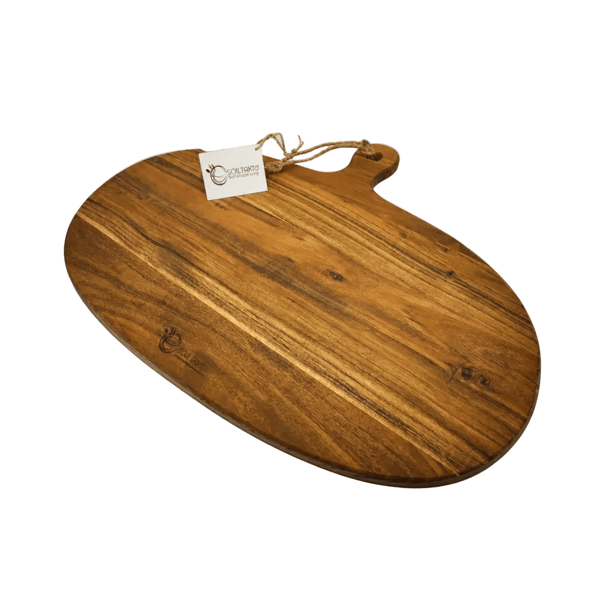 Large oval acacia chopping board with a smooth, polished surface and a hanging loop, featuring natural wood grain patterns.