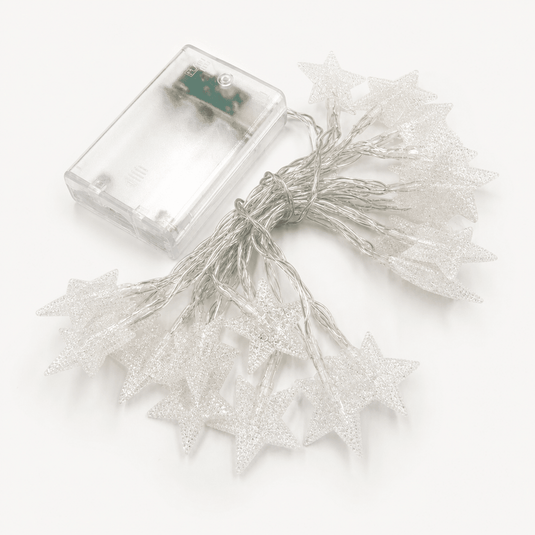 5M battery-operated star Christmas string light with clear stars and battery pack.
