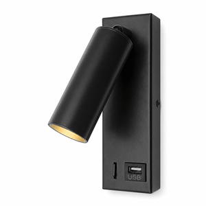 Black wall-mounted bedside reading light with USB port and adjustable head for focused illumination.