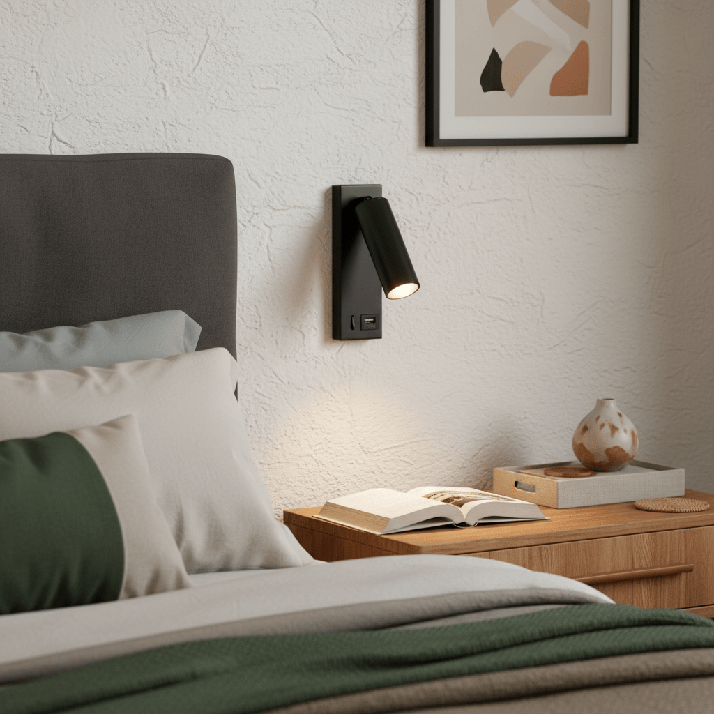 Cosima bedside reading light mounted on wall beside a bed, illuminating an open book on a nightstand.