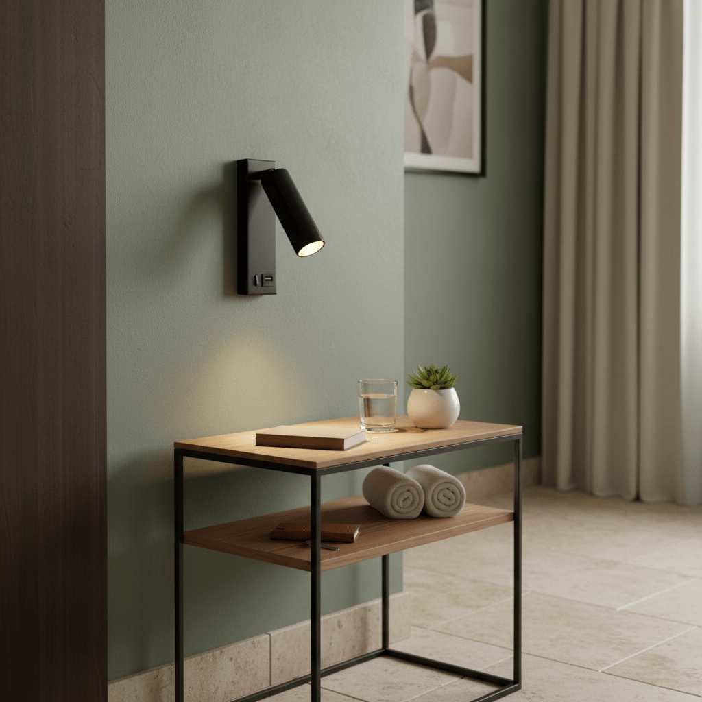 Cosima bedside reading light mounted on a green wall, illuminating a wooden table with a glass and plant.