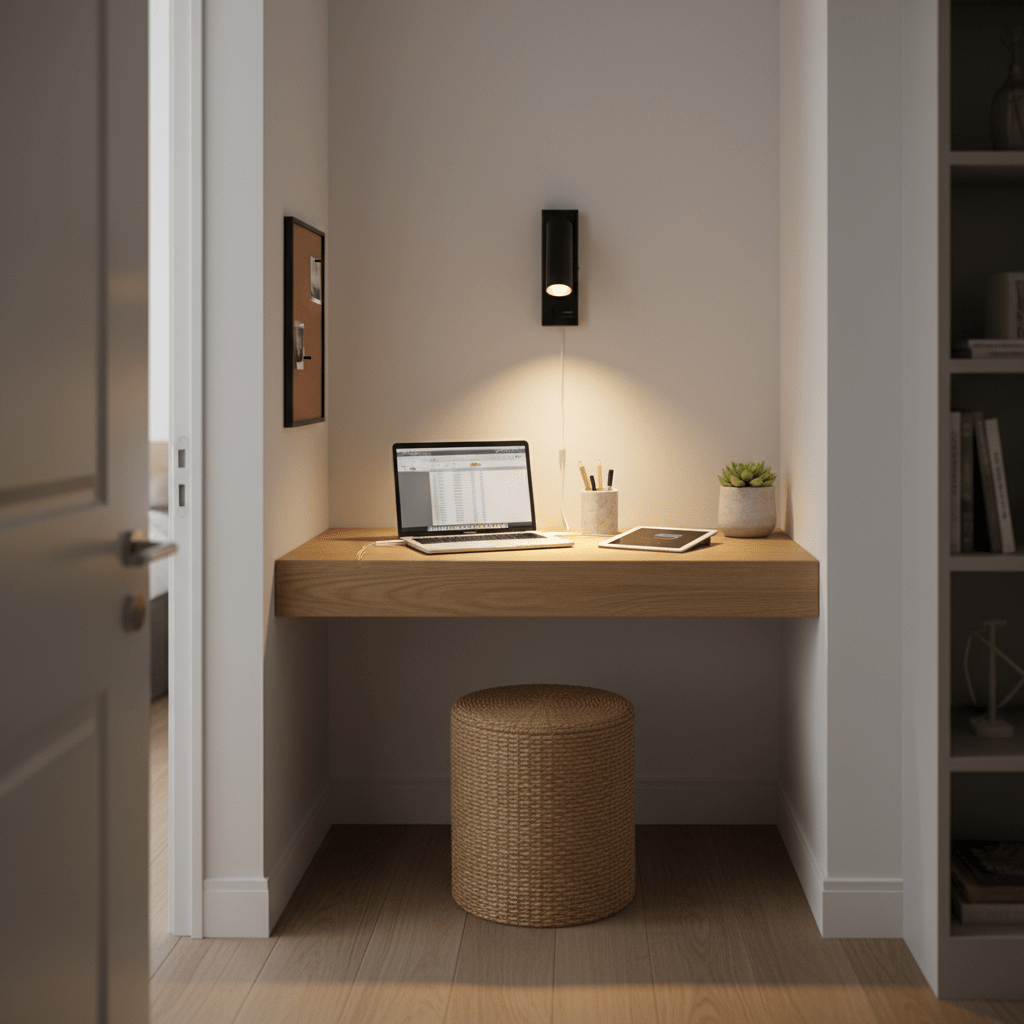 Cosima bedside reading light mounted above a wooden desk, illuminating a laptop and workspace.