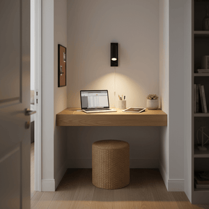 Cosima bedside reading light mounted above a wooden desk, illuminating a laptop and workspace.