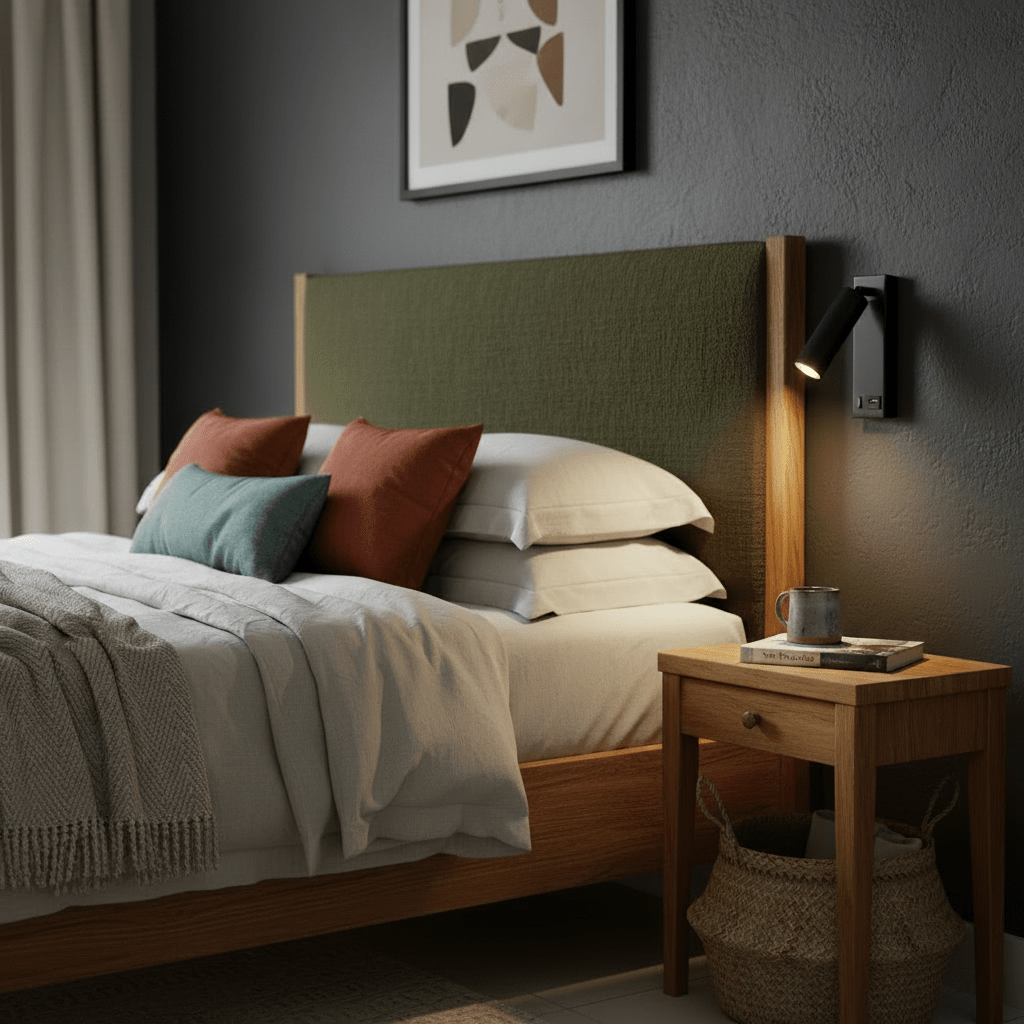 Stylish bedside scene featuring the Cosima bedside reading light mounted on a wall beside a cozy bed with decorative pillows.