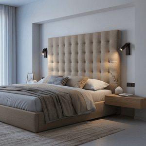 Stylish bedroom featuring the Cosima bedside reading light mounted beside a tufted headboard.