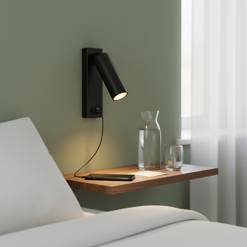 Wall-mounted black reading light with USB port beside a wooden bedside table, featuring a phone and water glasses.