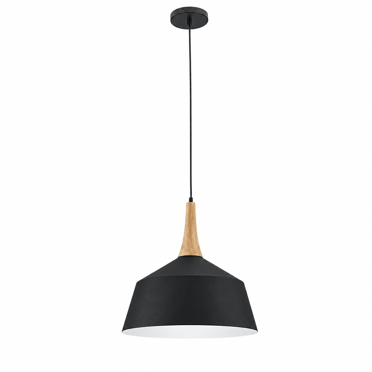 Black pendant light with wooden neck and black cord, hanging against white background.