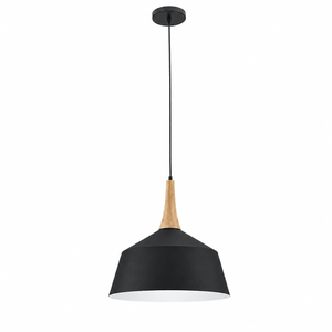 Black pendant light with wooden neck and black cord, hanging against white background.