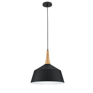 Black pendant light with wooden neck and matte black conical shade hanging from a black ceiling canopy on a green background.