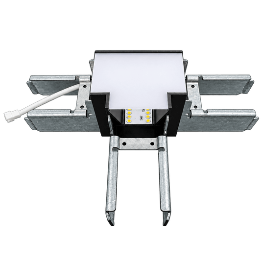 Silver lighting track T-joint with two long rails and a separate mounting clip on transparent background