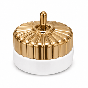 Heritage brass and porcelain switch with a fluted polished brass top and white porcelain base.