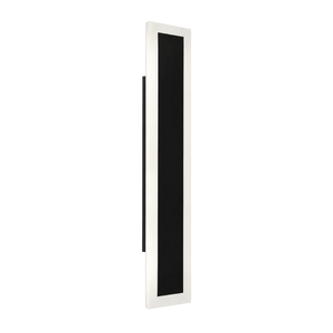 White-framed linear outdoor wall light with black panel against solid green background
