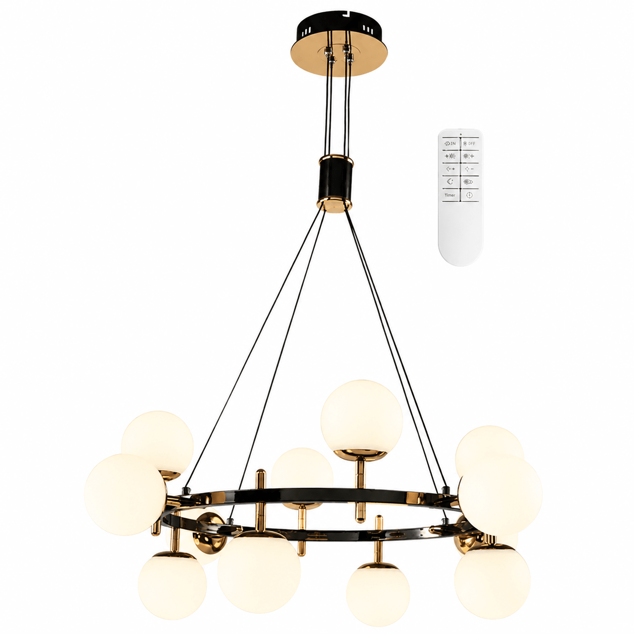 Flavia 12 Light CCT LED Chandelier with white globes and remote control, suspended from a ceiling.