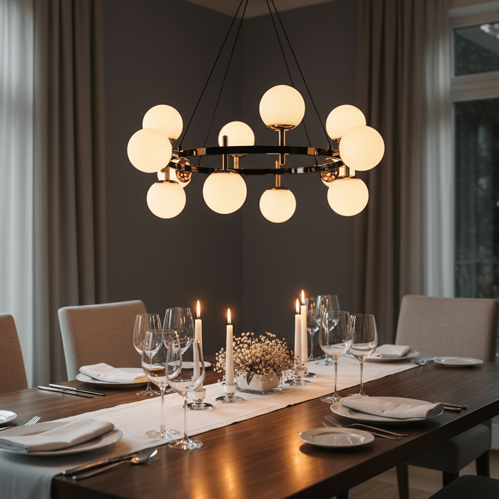 Elegant chandelier with twelve spherical lights above a beautifully set dining table.