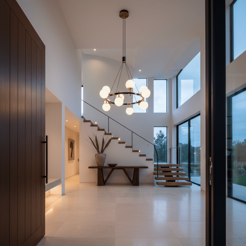 Elegant chandelier with twelve lights hanging in a modern foyer, complemented by a wooden staircase and large windows.