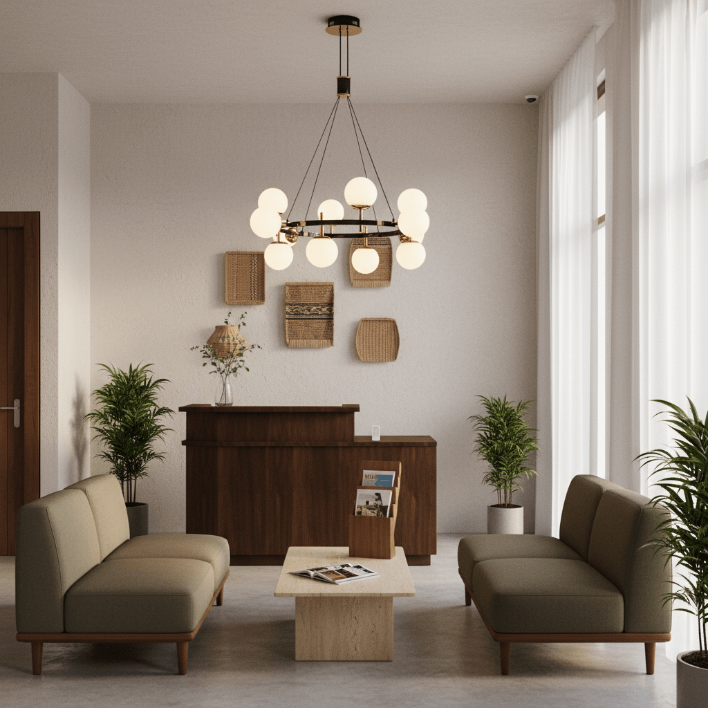 Stylish Flavia 12 Light CCT LED Chandelier hanging in a modern lounge with green sofas and wooden decor.
