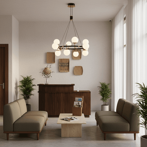 Stylish Flavia 12 Light CCT LED Chandelier hanging in a modern lounge with green sofas and wooden decor.
