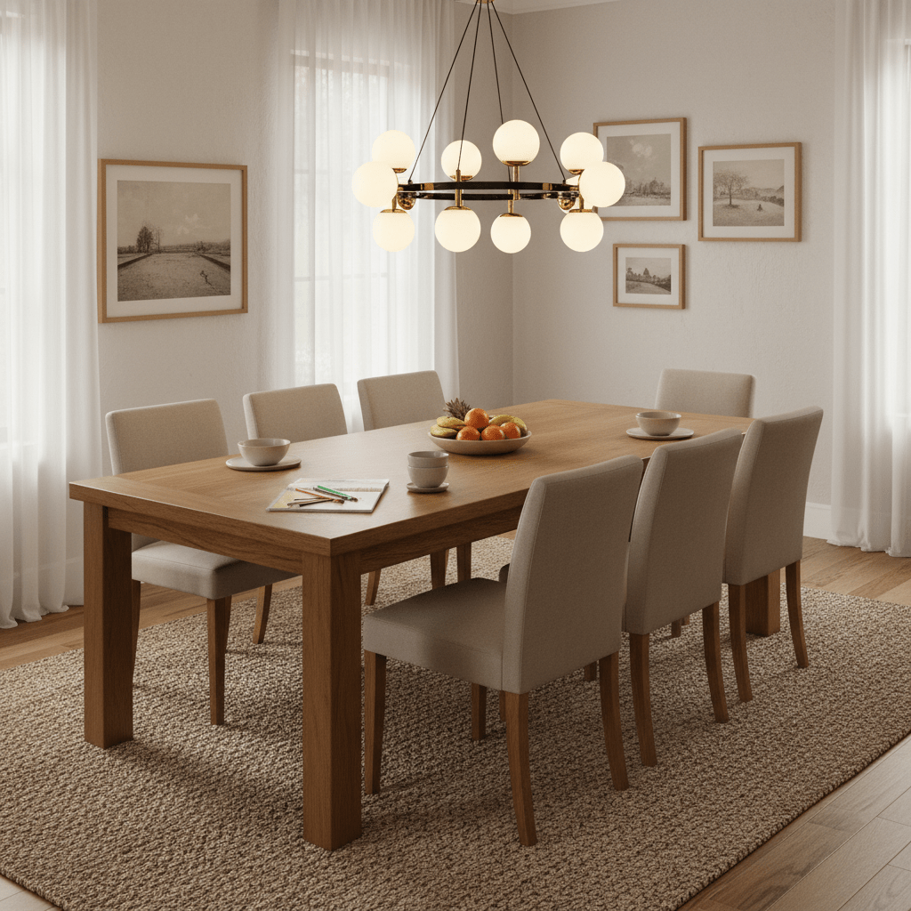 Elegant chandelier with round glass bulbs hanging over a wooden dining table set for a meal.
