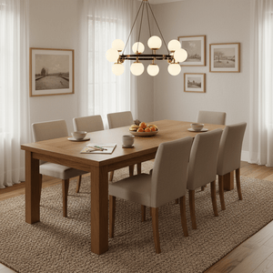 Elegant chandelier with round glass bulbs hanging over a wooden dining table set for a meal.