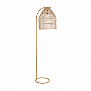 Rattan floor lamp with a woven shade and gold metal base, showcasing a modern design.