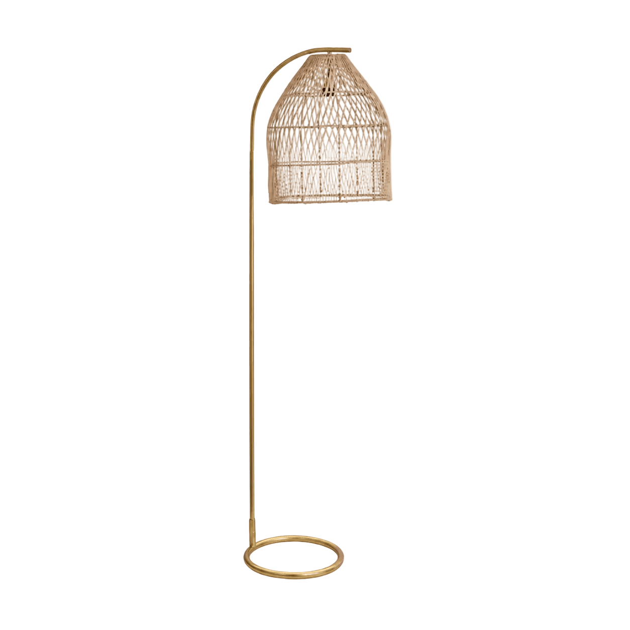 Coghlan Rattan Floor Lamp featuring a woven shade and satin gold metal base, ideal for accent lighting.