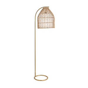 Coghlan Rattan Floor Lamp featuring a woven shade and satin gold metal base, ideal for accent lighting.