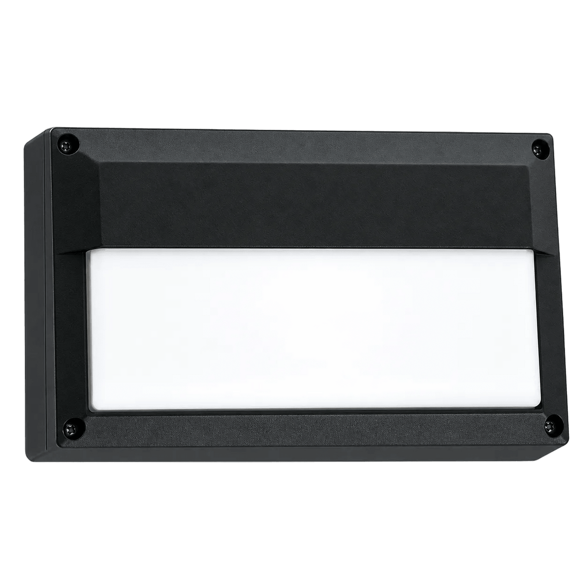 Rectangular outdoor wall light with black die-cast aluminum frame and white polycarbonate cover.