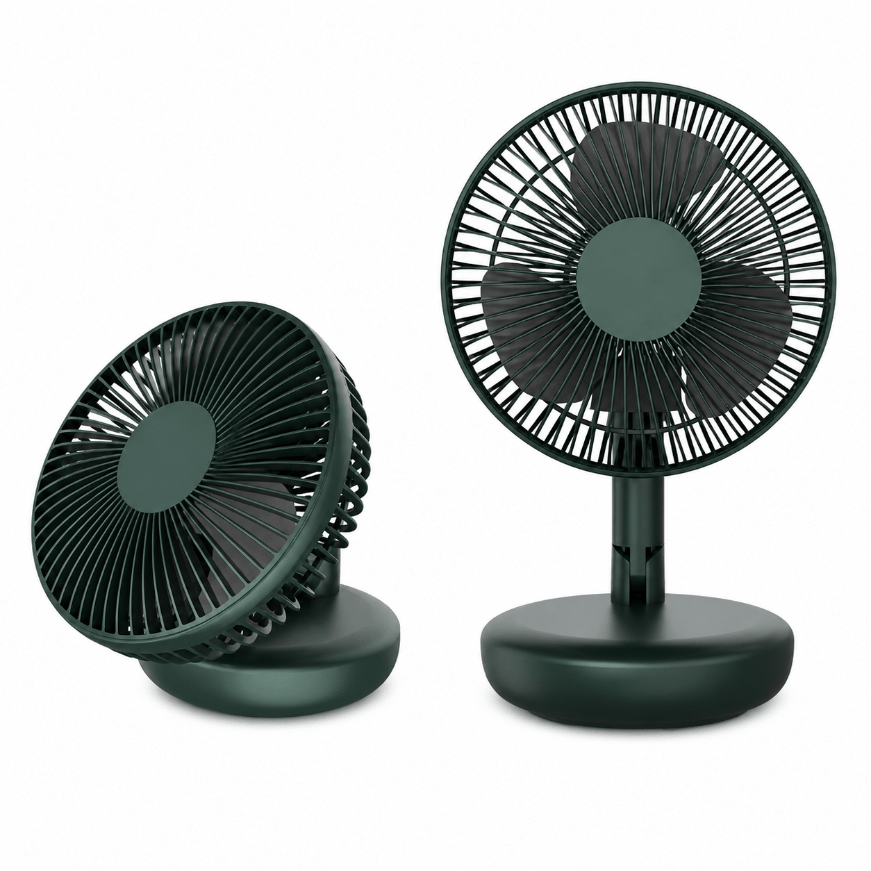 Green rechargeable portable folding desk fan with adjustable airflow and compact design.