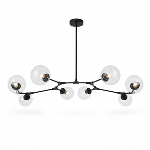 Elegant black 8-light pendant with adjustable arms and glass shades, suspended from a ceiling mount.