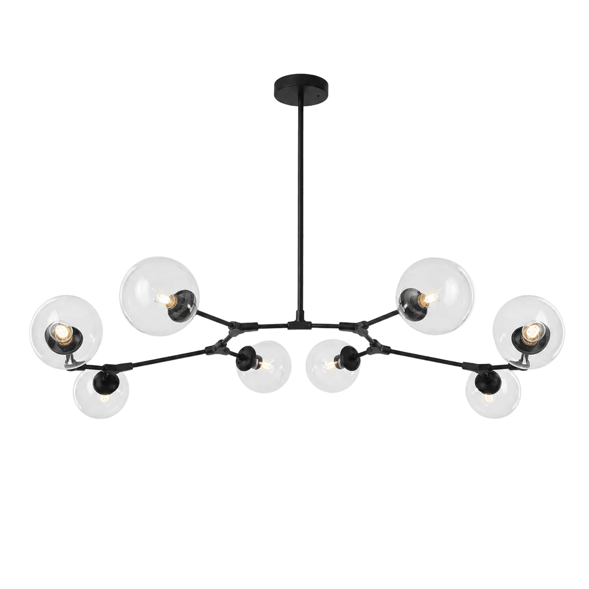 Elegant black pendant light with eight clear glass globes, arranged asymmetrically on black arms.