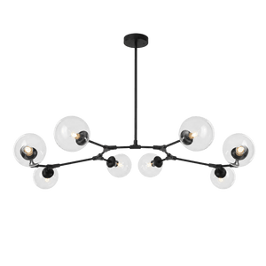 Elegant black pendant light with eight clear glass globes, arranged asymmetrically on black arms.
