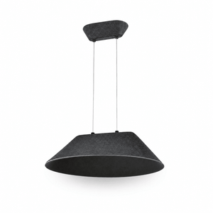 Grey felt pendant light with aluminium accents hanging from ceiling by two wires against white background