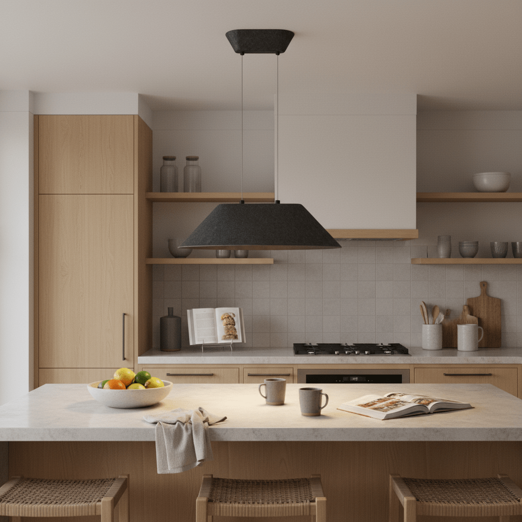 Grey felt pendant light hanging over a kitchen island in a modern kitchen
