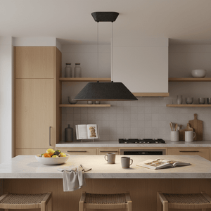Grey felt pendant light hanging over a kitchen island in a modern kitchen