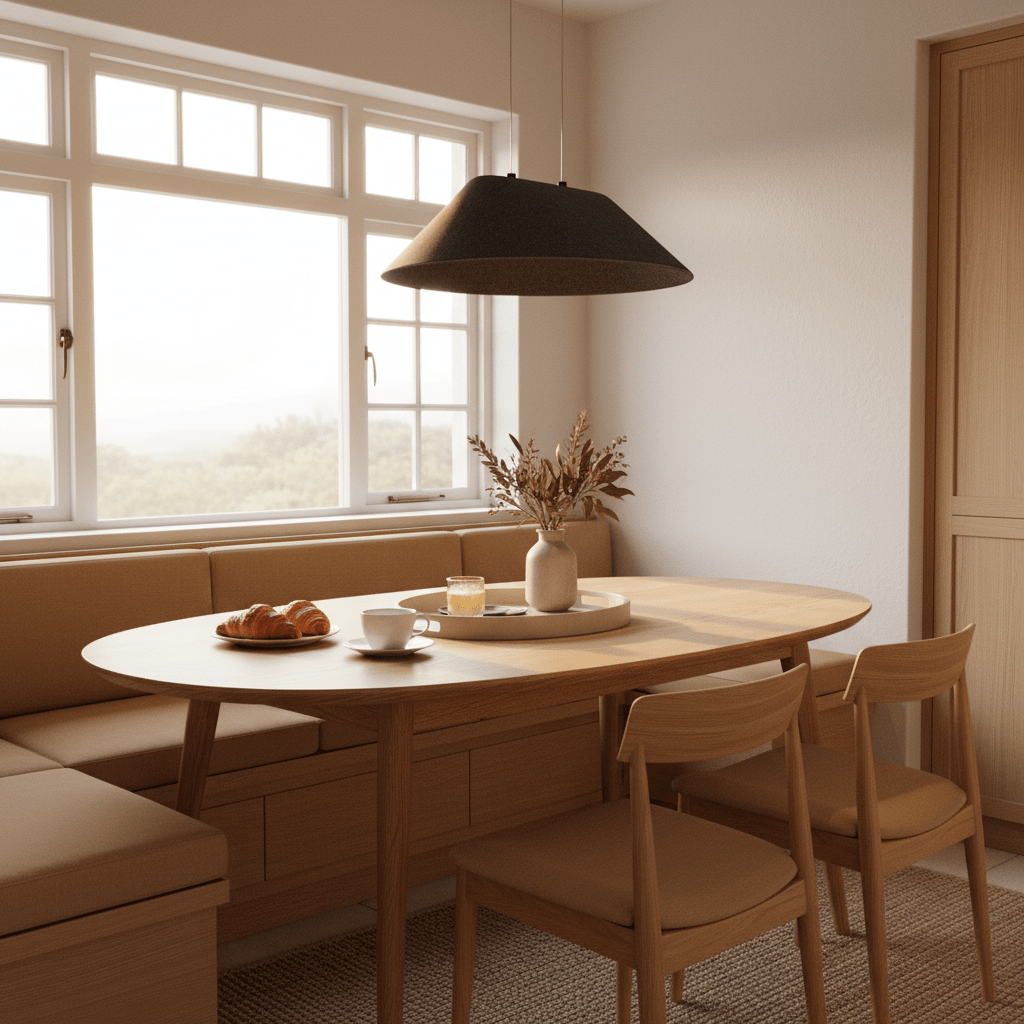 Dark grey felt pendant light hanging over a wooden dining table
