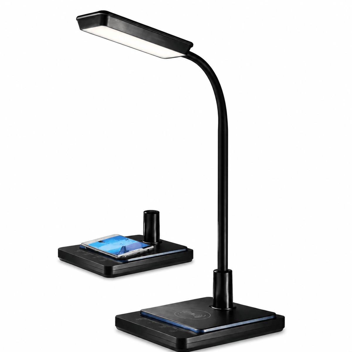 LED Desk Lamp - 8W, Colour Adjustable / Goose Neck / Dimmable / Wireless Charger - Black